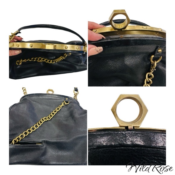 ZAC POSEN BLACK “ALEXIA” LEATHER SATCHEL BAG GOLD TONE HARDWARE - Picture 17 of 17